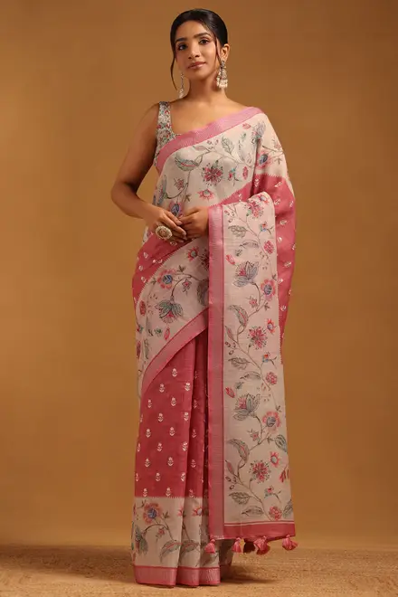 Pink Linen Botanical Saree With Machine Embroidery